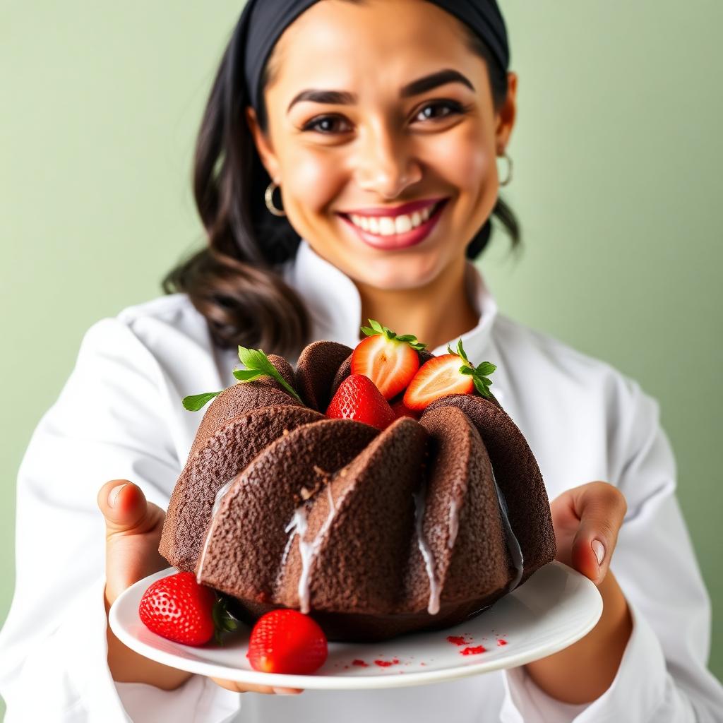 Chef sosteniendo un pastel de chocolate con fresas